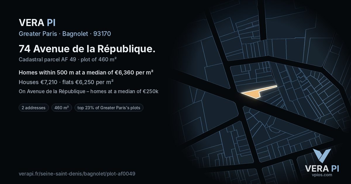 74 Avenue de la République, Bagnolet at night – the plot lit, the parcels around coloured by the prices near them