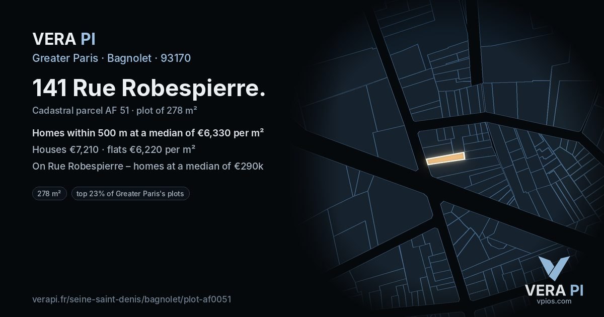 141 Rue Robespierre, Bagnolet at night – the plot lit, the parcels around coloured by the prices near them