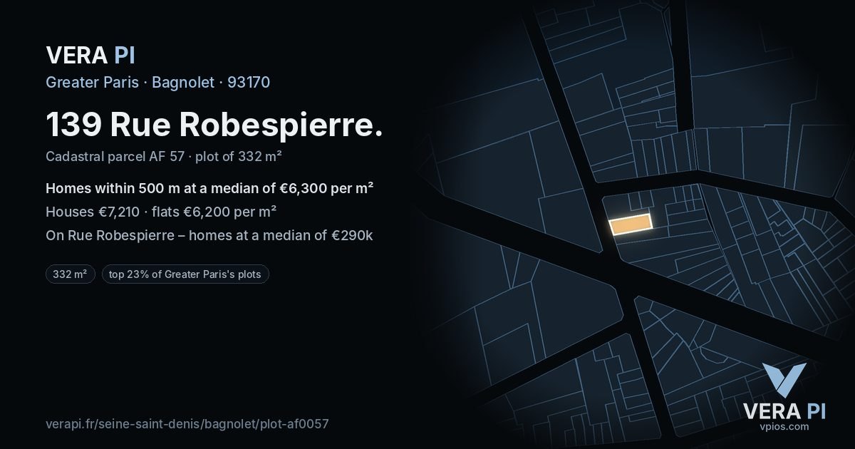 139 Rue Robespierre, Bagnolet at night – the plot lit, the parcels around coloured by the prices near them