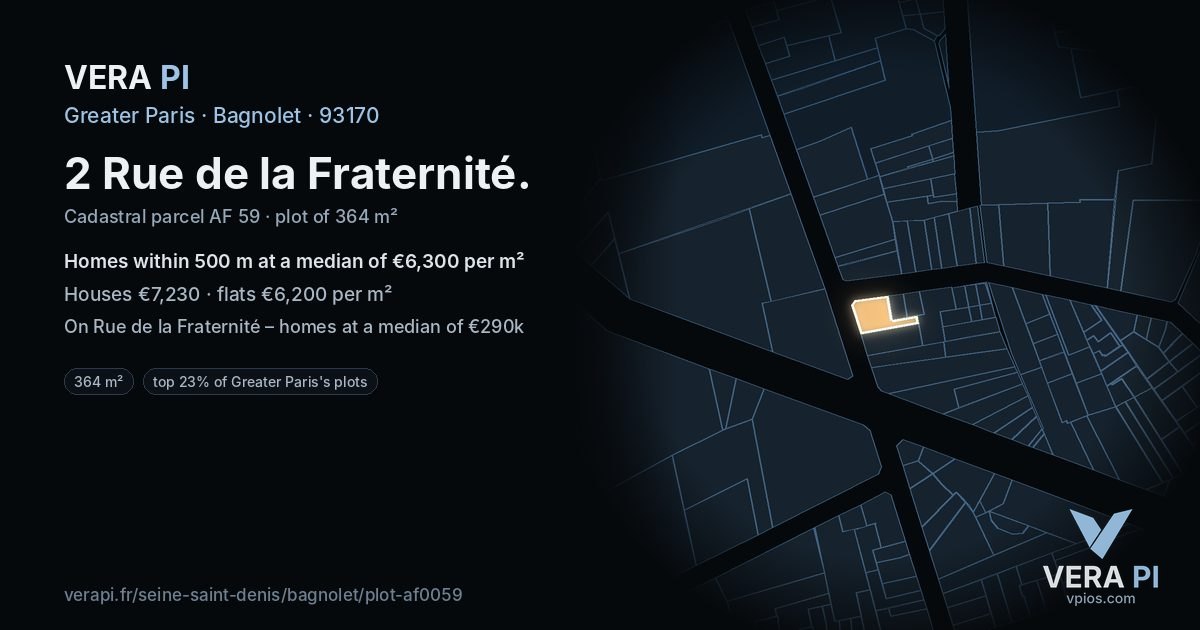 2 Rue de la Fraternité, Bagnolet at night – the plot lit, the parcels around coloured by the prices near them