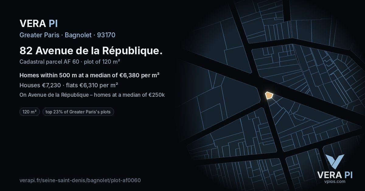 82 Avenue de la République, Bagnolet at night – the plot lit, the parcels around coloured by the prices near them