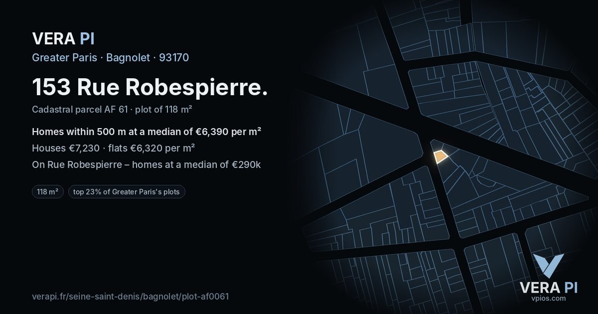 153 Rue Robespierre, Bagnolet at night – the plot lit, the parcels around coloured by the prices near them