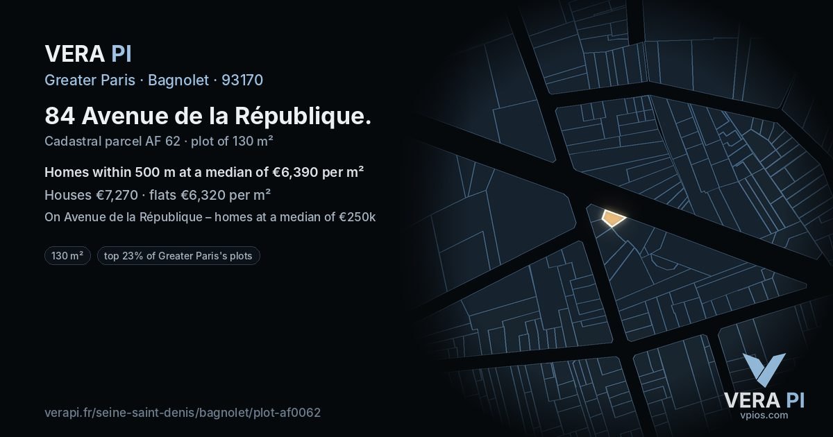 84 Avenue de la République, Bagnolet at night – the plot lit, the parcels around coloured by the prices near them