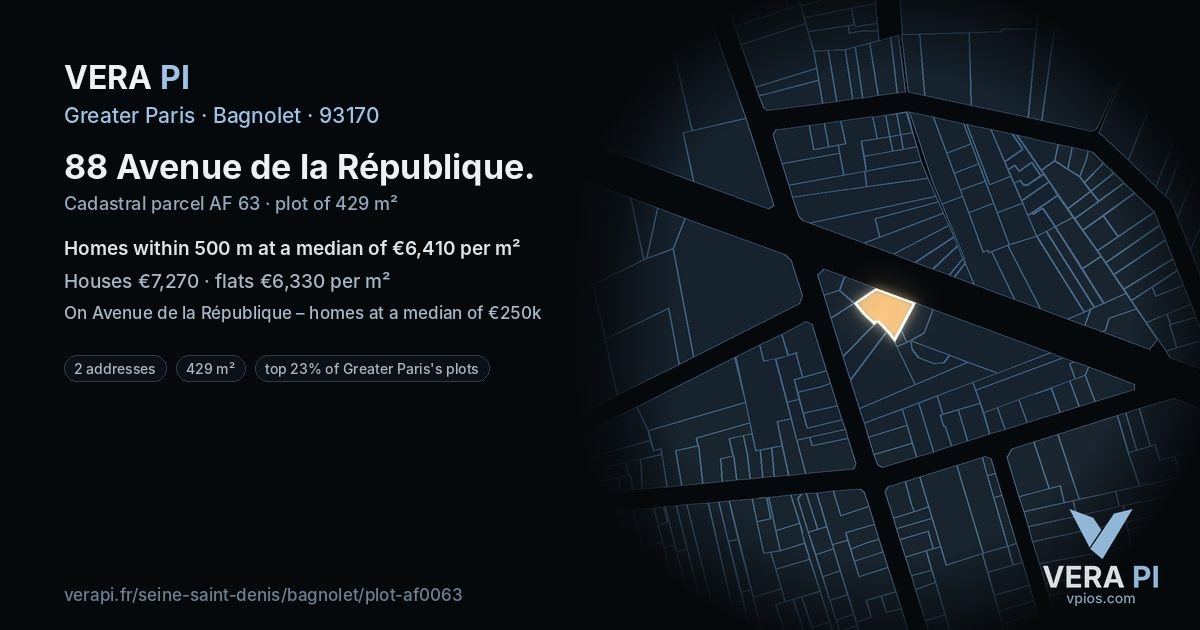 88 Avenue de la République, Bagnolet at night – the plot lit, the parcels around coloured by the prices near them