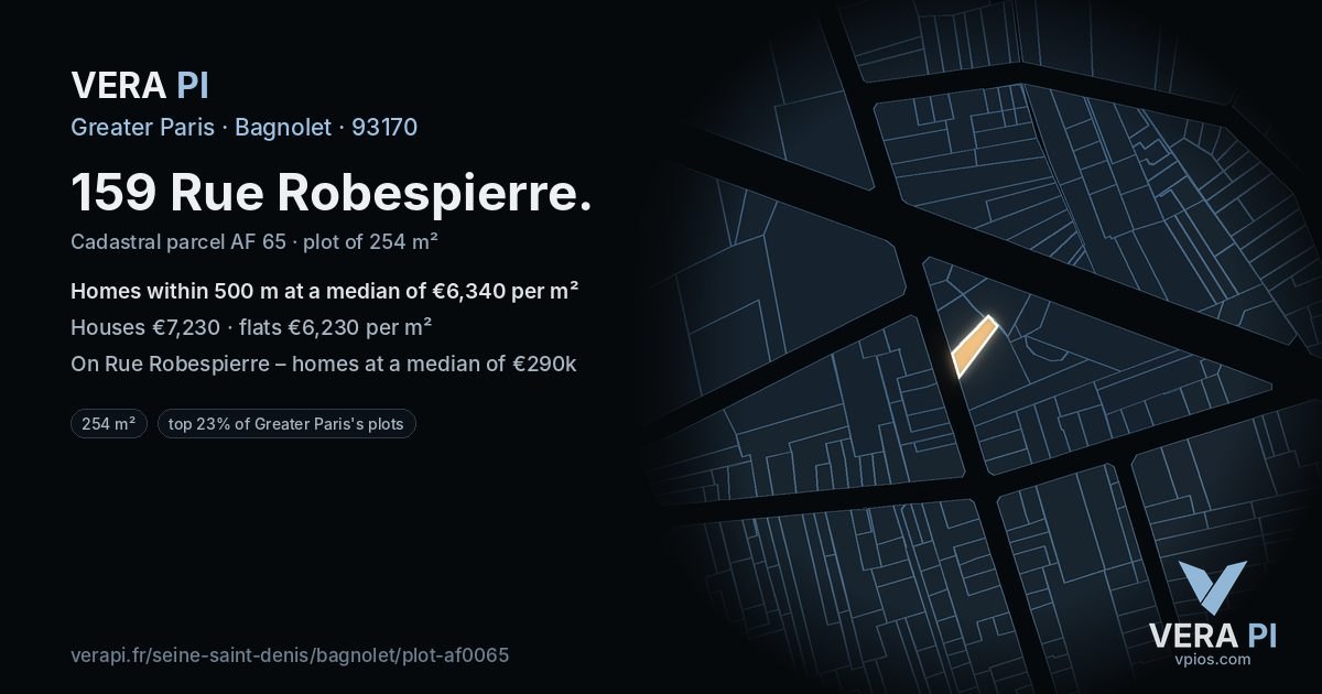 159 Rue Robespierre, Bagnolet at night – the plot lit, the parcels around coloured by the prices near them