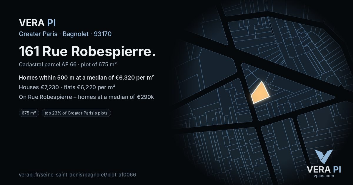 161 Rue Robespierre, Bagnolet at night – the plot lit, the parcels around coloured by the prices near them