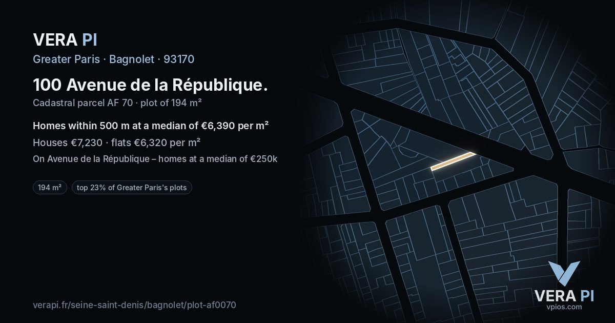 100 Avenue de la République, Bagnolet at night – the plot lit, the parcels around coloured by the prices near them