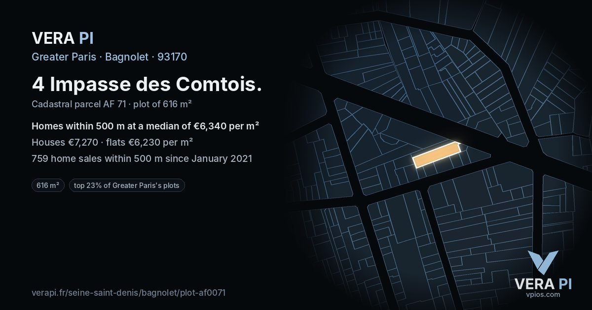 4 Impasse des Comtois, Bagnolet at night – the plot lit, the parcels around coloured by the prices near them