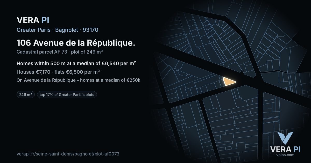 106 Avenue de la République, Bagnolet at night – the plot lit, the parcels around coloured by the prices near them