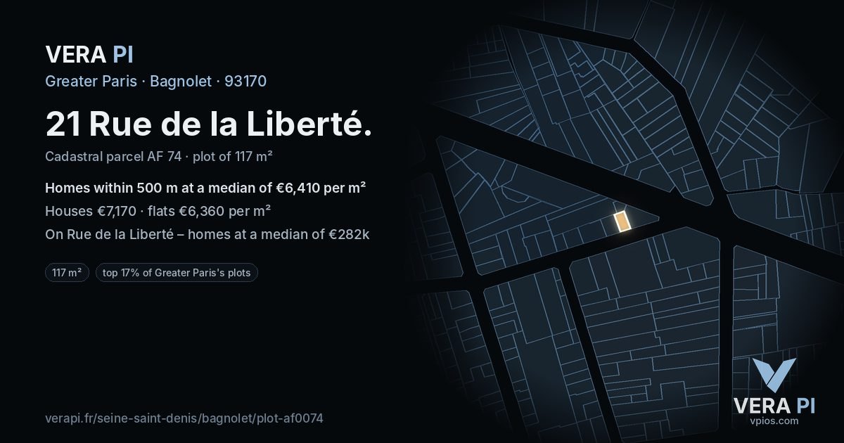 21 Rue de la Liberté, Bagnolet at night – the plot lit, the parcels around coloured by the prices near them