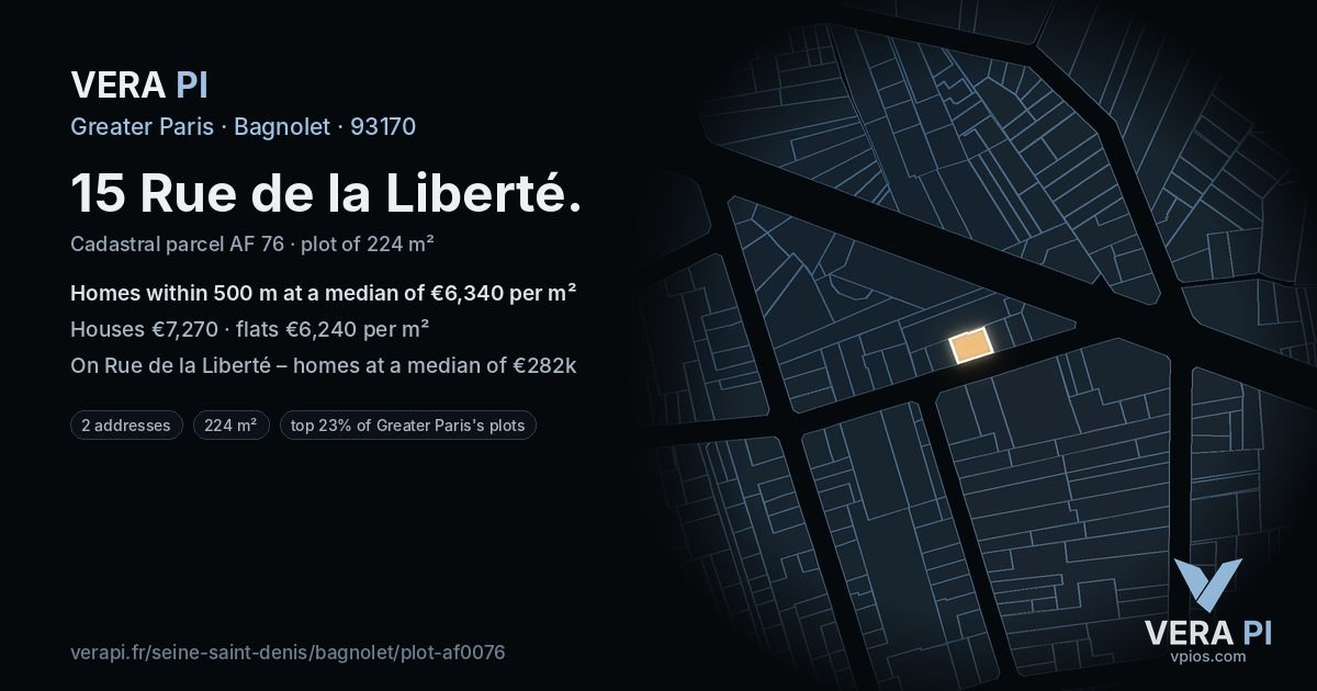 15 Rue de la Liberté, Bagnolet at night – the plot lit, the parcels around coloured by the prices near them