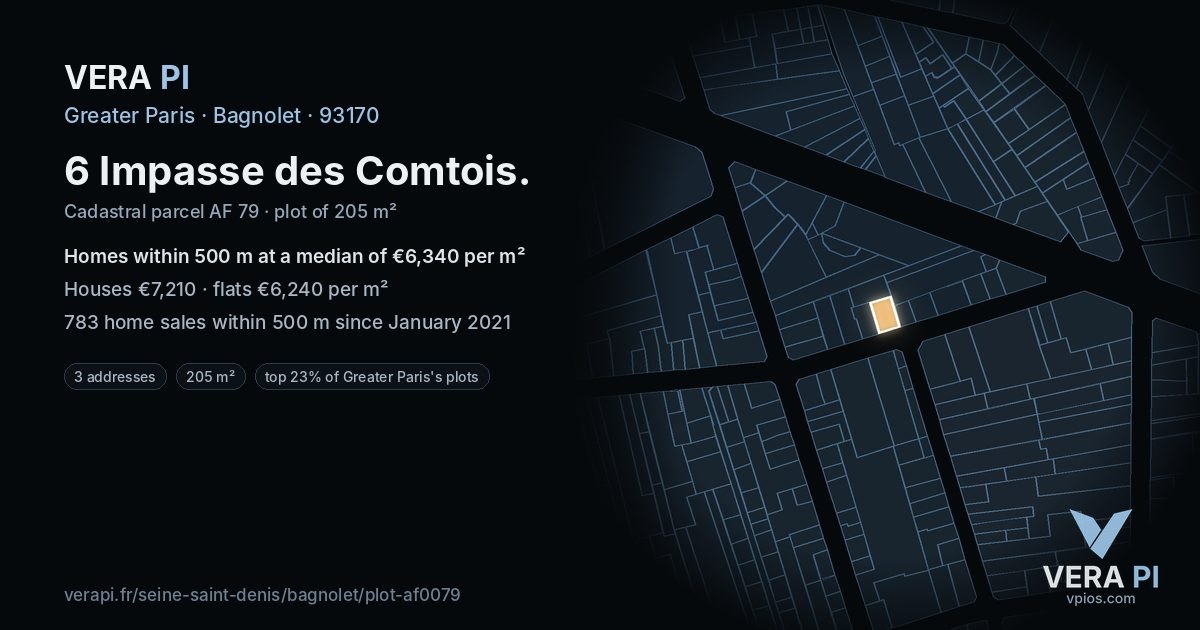 6 Impasse des Comtois, Bagnolet at night – the plot lit, the parcels around coloured by the prices near them