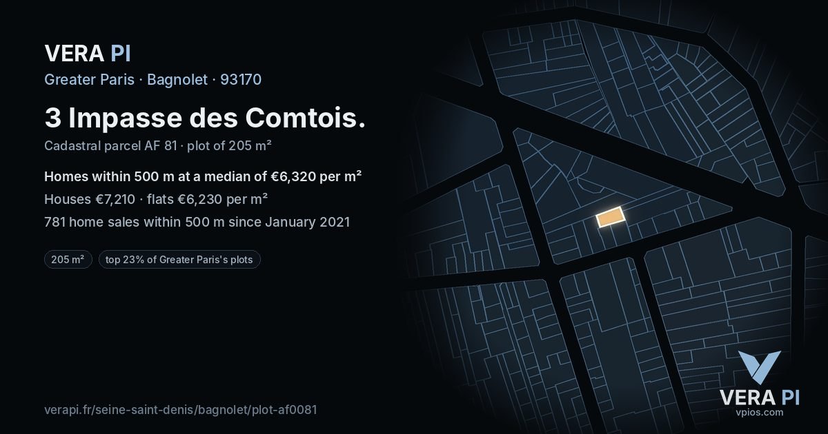 3 Impasse des Comtois, Bagnolet at night – the plot lit, the parcels around coloured by the prices near them