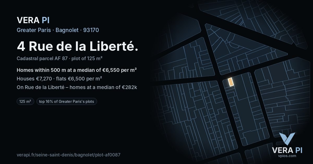 4 Rue de la Liberté, Bagnolet at night – the plot lit, the parcels around coloured by the prices near them
