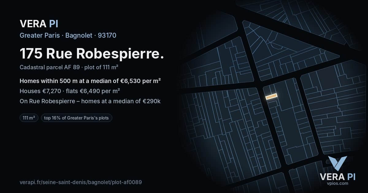 175 Rue Robespierre, Bagnolet at night – the plot lit, the parcels around coloured by the prices near them