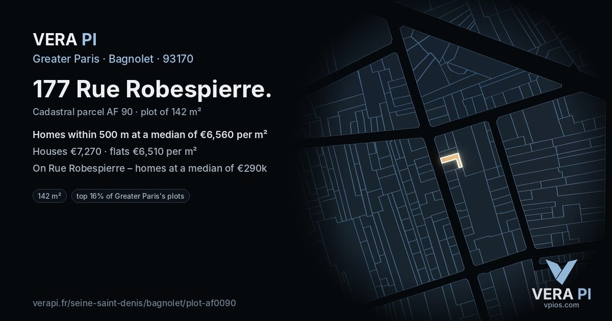177 Rue Robespierre, Bagnolet at night – the plot lit, the parcels around coloured by the prices near them