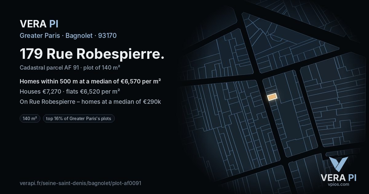 179 Rue Robespierre, Bagnolet at night – the plot lit, the parcels around coloured by the prices near them