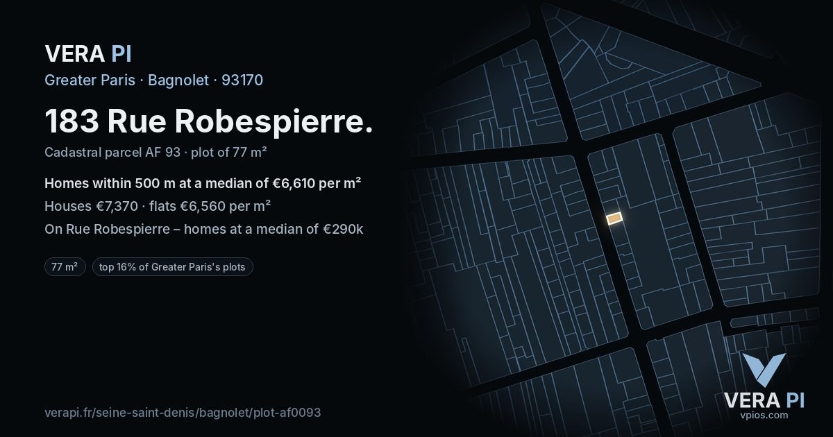 183 Rue Robespierre, Bagnolet at night – the plot lit, the parcels around coloured by the prices near them
