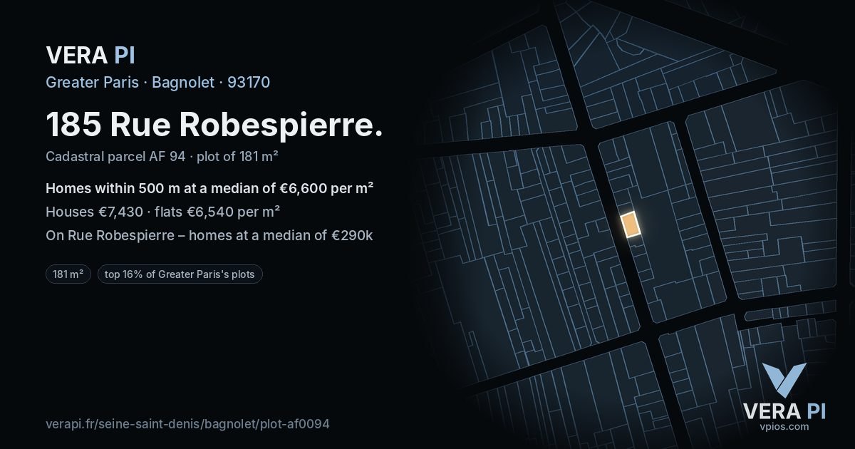 185 Rue Robespierre, Bagnolet at night – the plot lit, the parcels around coloured by the prices near them