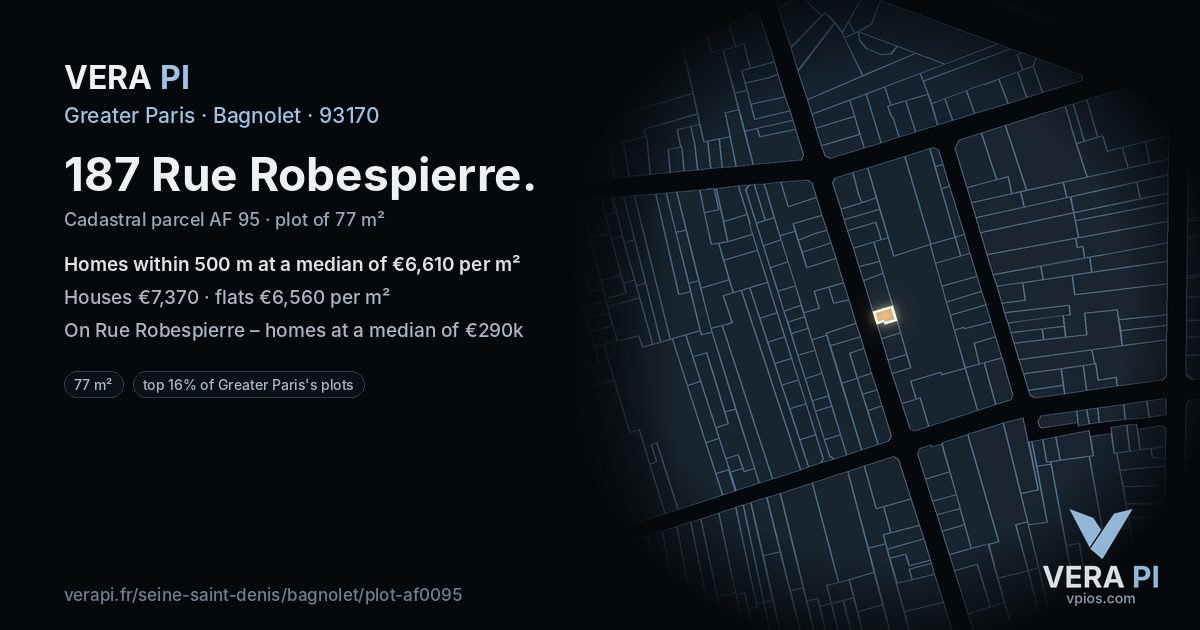 187 Rue Robespierre, Bagnolet at night – the plot lit, the parcels around coloured by the prices near them