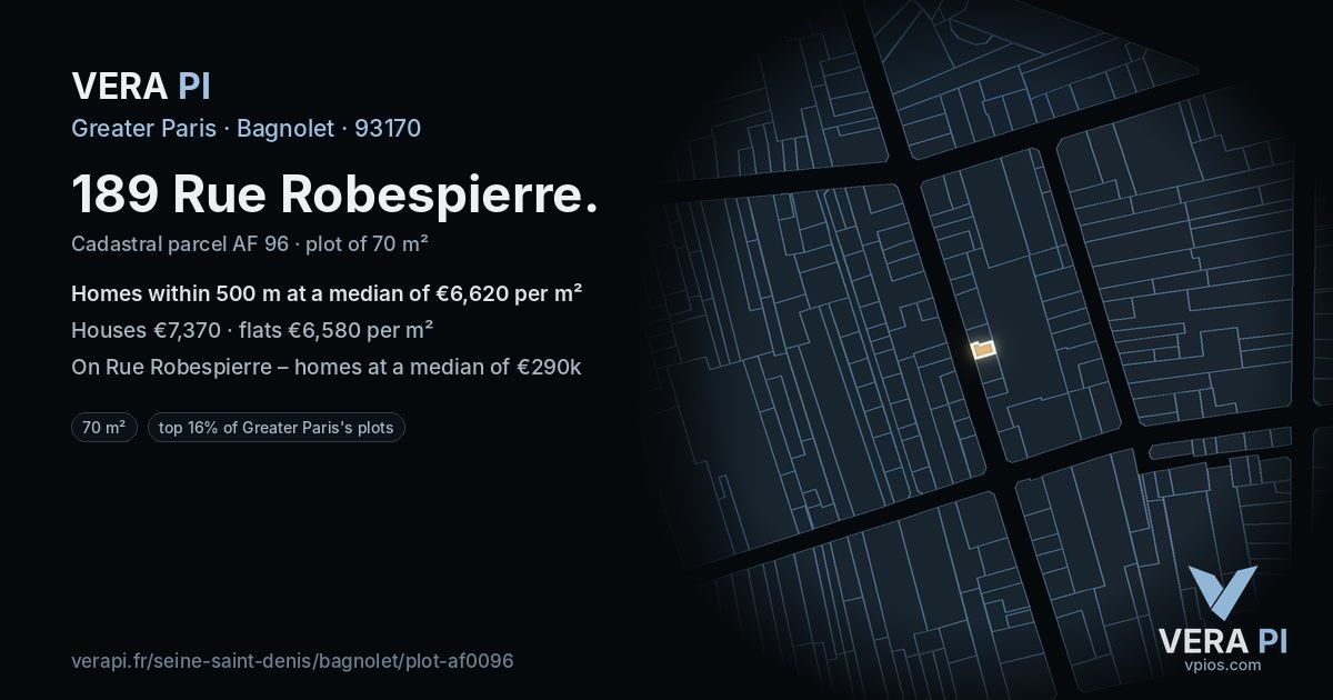 189 Rue Robespierre, Bagnolet at night – the plot lit, the parcels around coloured by the prices near them