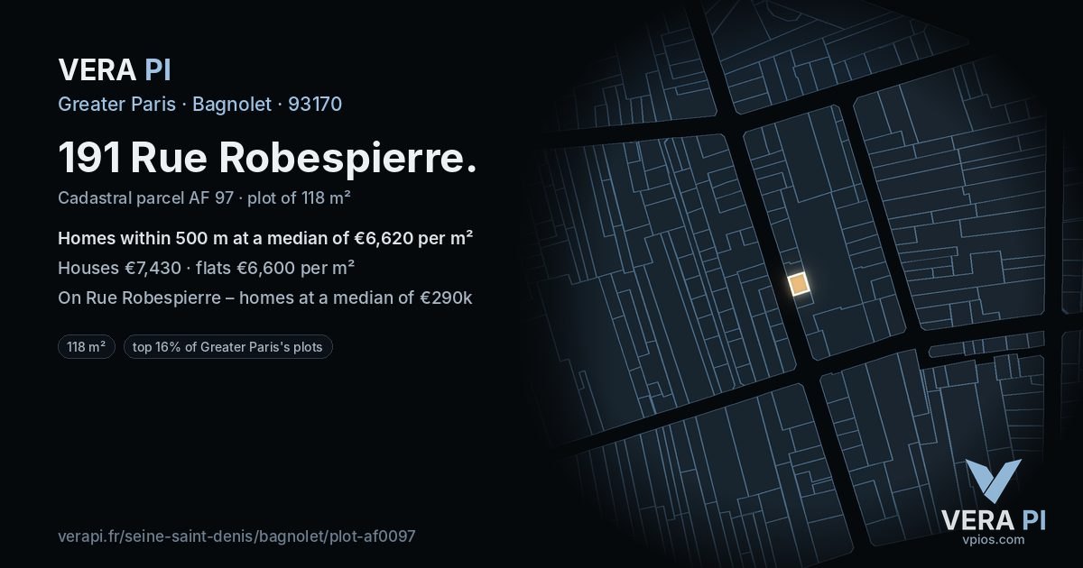 191 Rue Robespierre, Bagnolet at night – the plot lit, the parcels around coloured by the prices near them