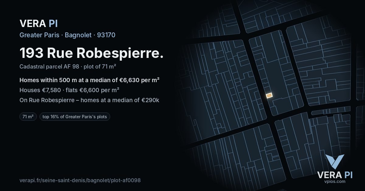 193 Rue Robespierre, Bagnolet at night – the plot lit, the parcels around coloured by the prices near them