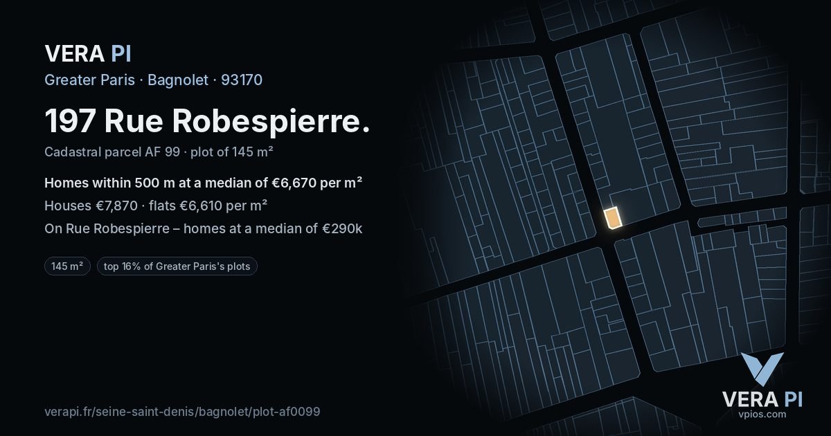 197 Rue Robespierre, Bagnolet at night – the plot lit, the parcels around coloured by the prices near them