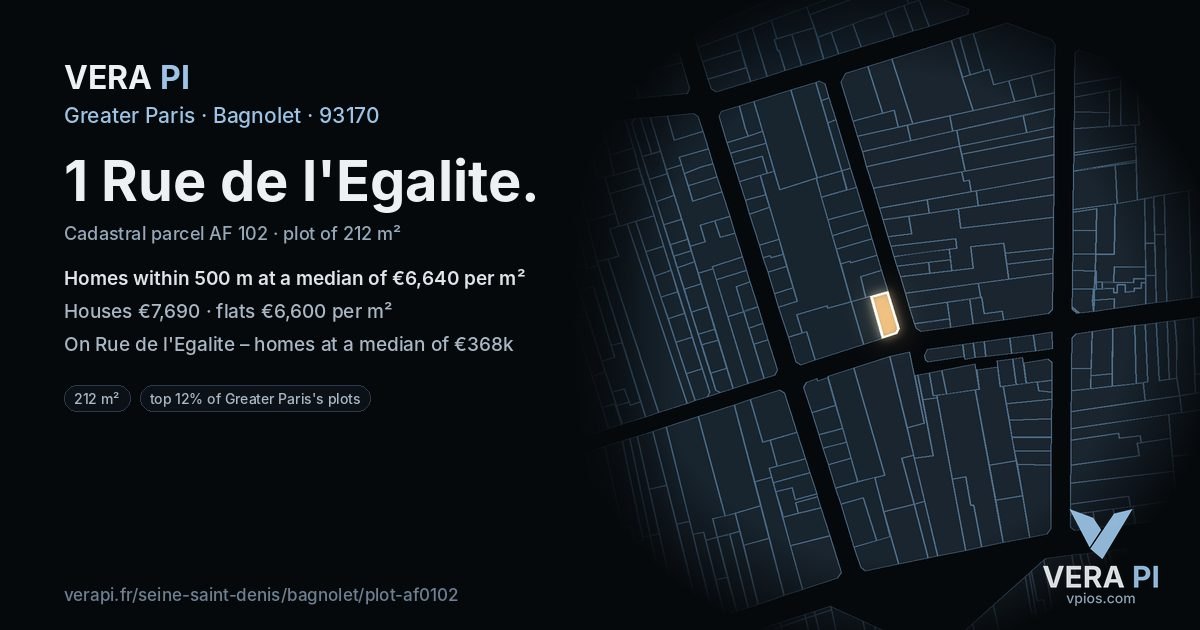 1 Rue de l'Egalite, Bagnolet at night – the plot lit, the parcels around coloured by the prices near them
