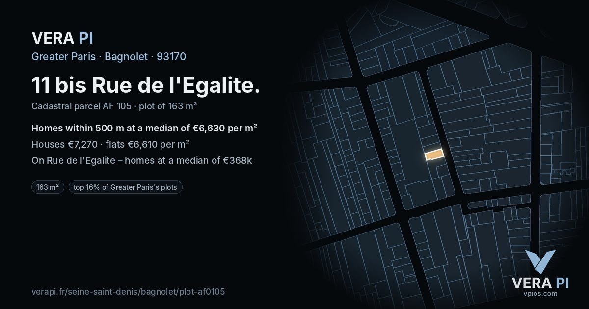 11 bis Rue de l'Egalite, Bagnolet at night – the plot lit, the parcels around coloured by the prices near them