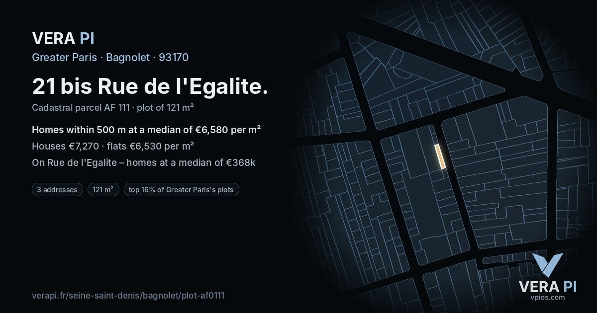 21 bis Rue de l'Egalite, Bagnolet at night – the plot lit, the parcels around coloured by the prices near them