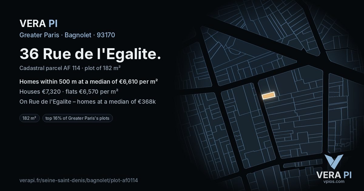 36 Rue de l'Egalite, Bagnolet at night – the plot lit, the parcels around coloured by the prices near them
