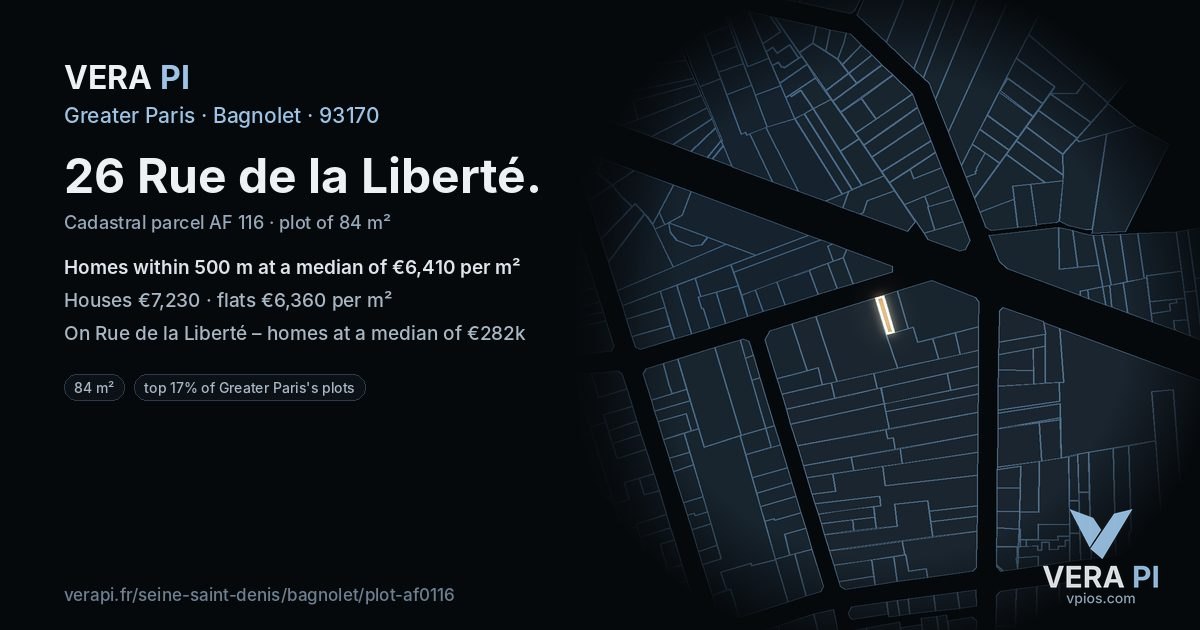 26 Rue de la Liberté, Bagnolet at night – the plot lit, the parcels around coloured by the prices near them