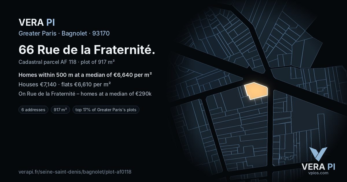 66 Rue de la Fraternité, Bagnolet at night – the plot lit, the parcels around coloured by the prices near them
