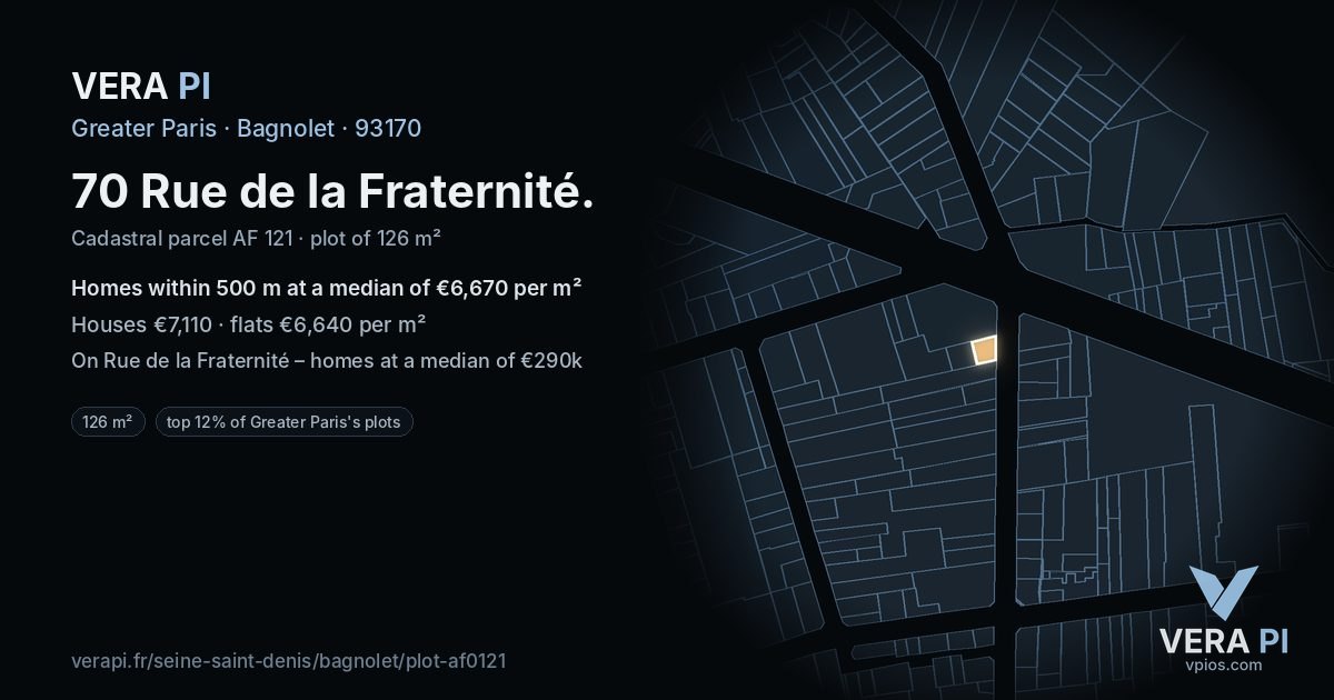 70 Rue de la Fraternité, Bagnolet at night – the plot lit, the parcels around coloured by the prices near them