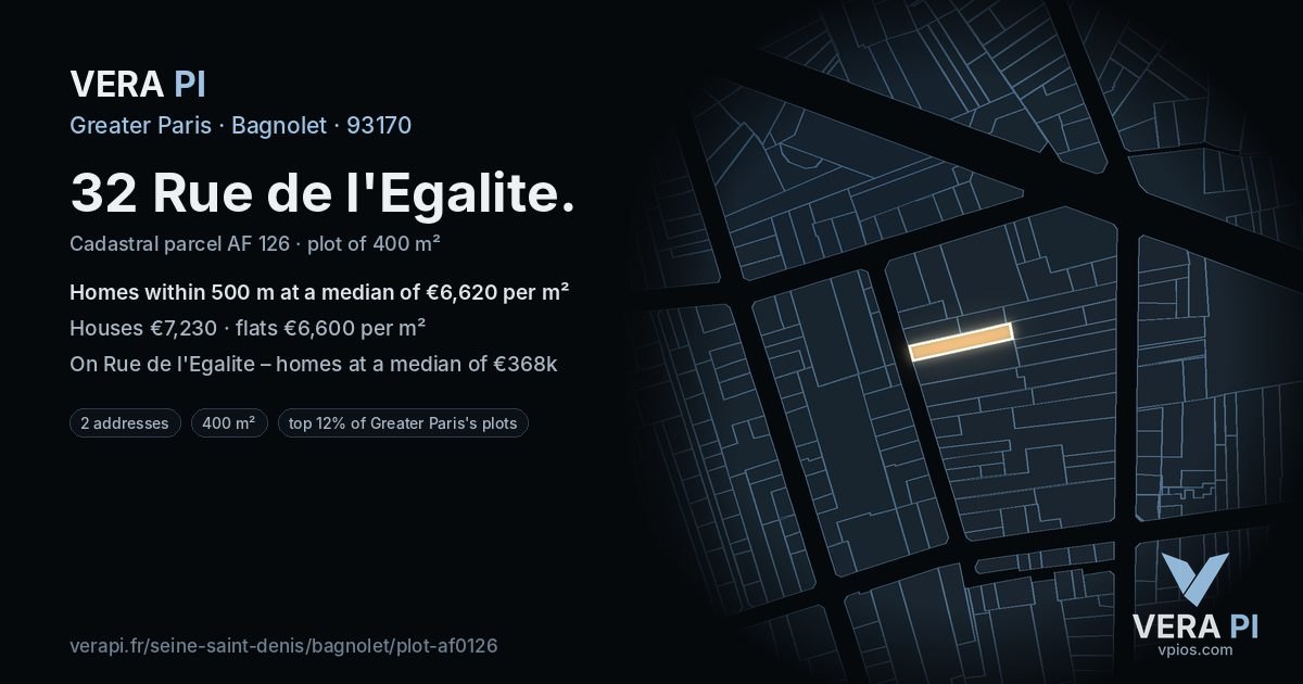 32 Rue de l'Egalite, Bagnolet at night – the plot lit, the parcels around coloured by the prices near them