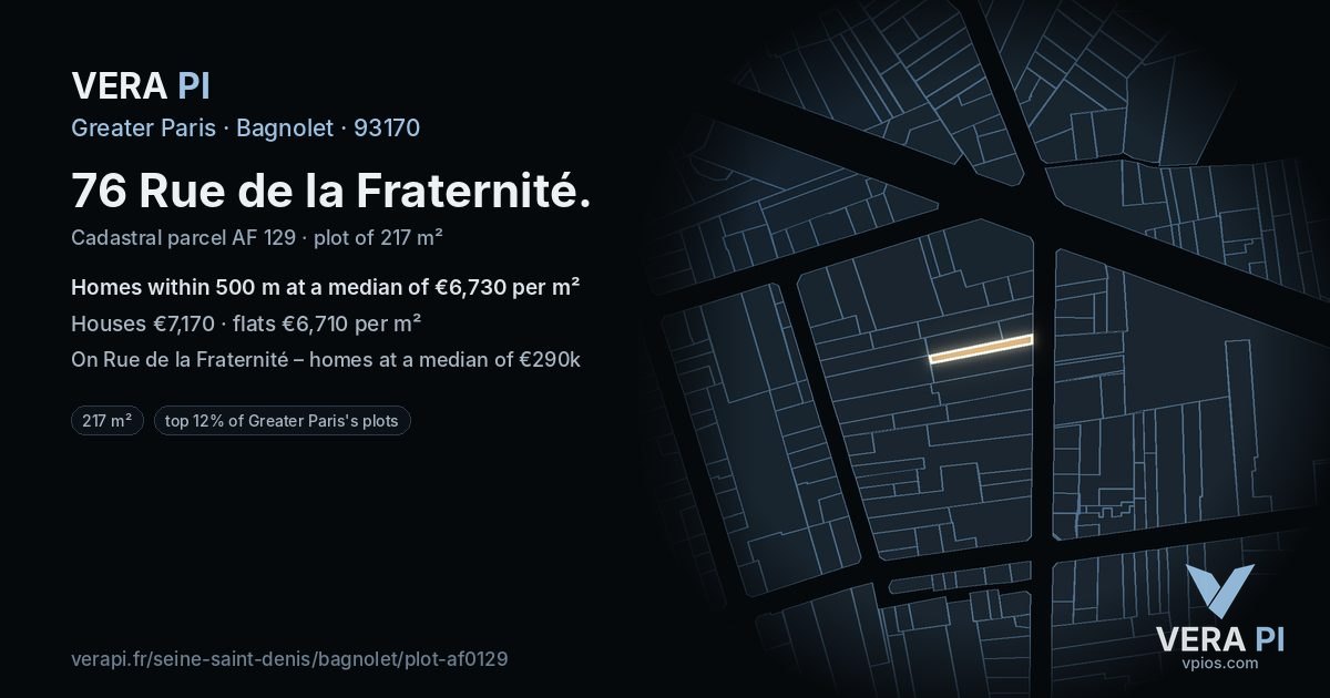 76 Rue de la Fraternité, Bagnolet at night – the plot lit, the parcels around coloured by the prices near them