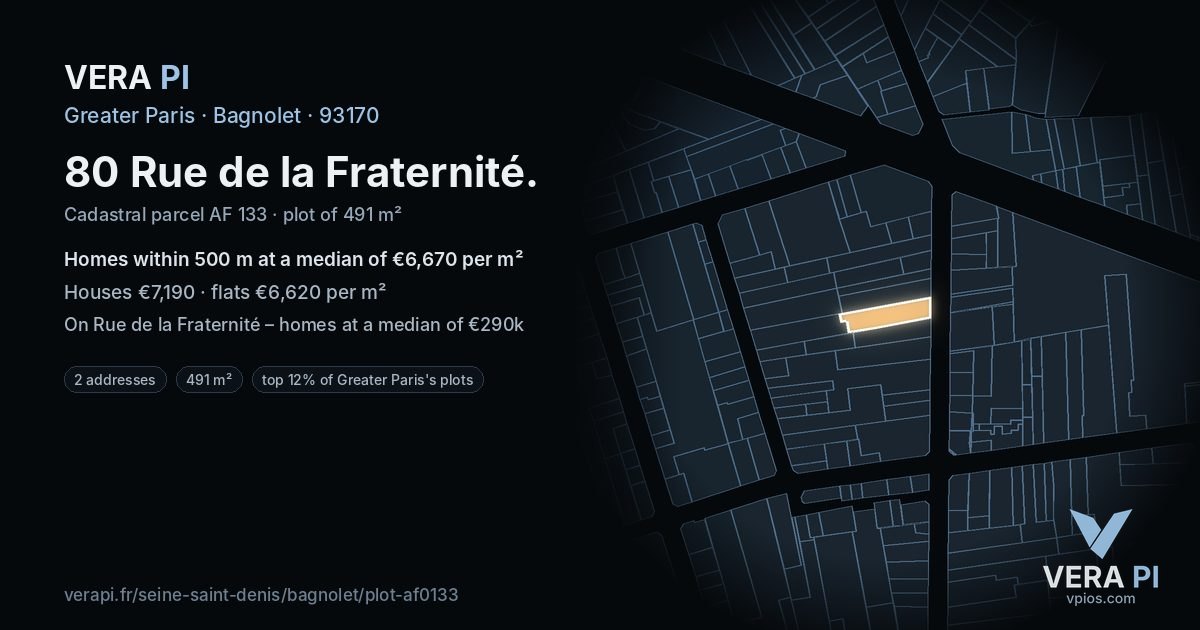 80 Rue de la Fraternité, Bagnolet at night – the plot lit, the parcels around coloured by the prices near them