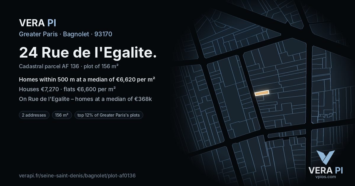 24 Rue de l'Egalite, Bagnolet at night – the plot lit, the parcels around coloured by the prices near them