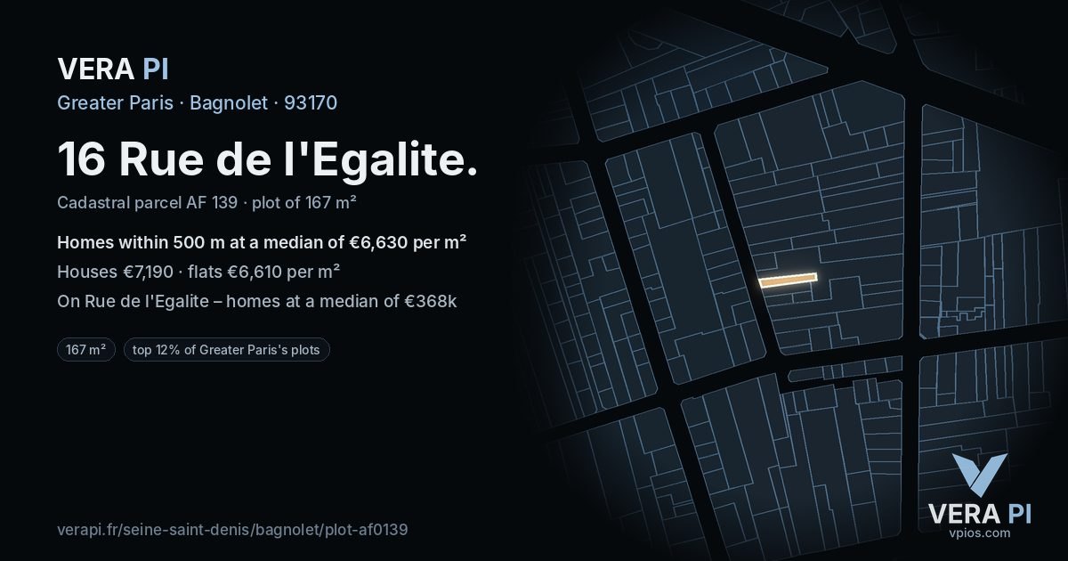 16 Rue de l'Egalite, Bagnolet at night – the plot lit, the parcels around coloured by the prices near them