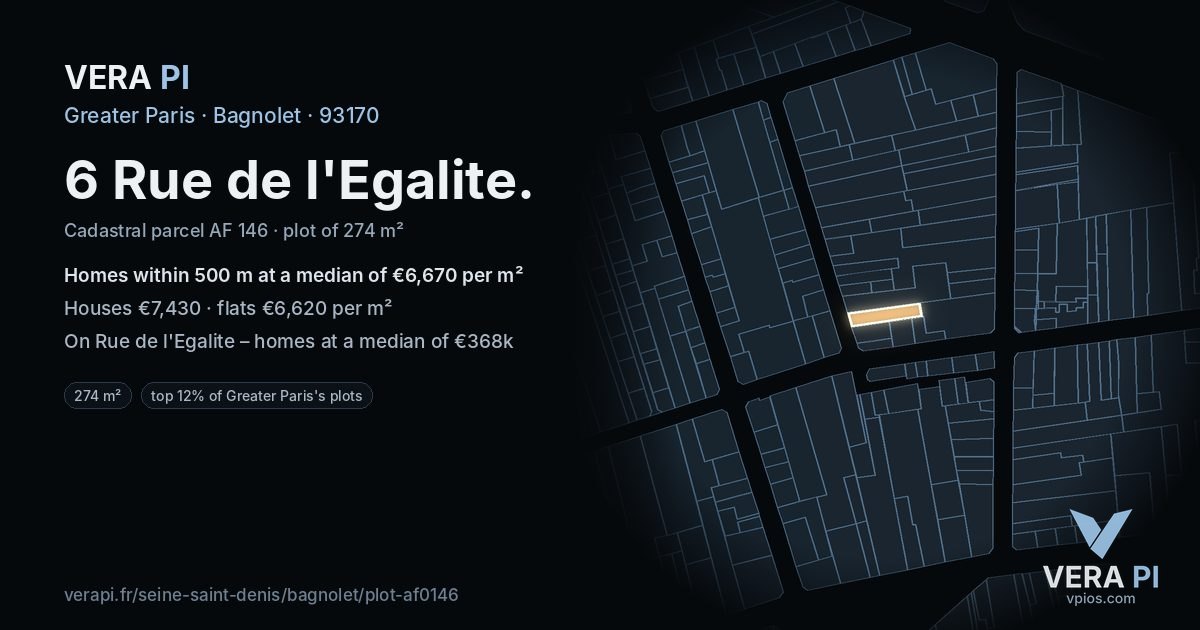 6 Rue de l'Egalite, Bagnolet at night – the plot lit, the parcels around coloured by the prices near them