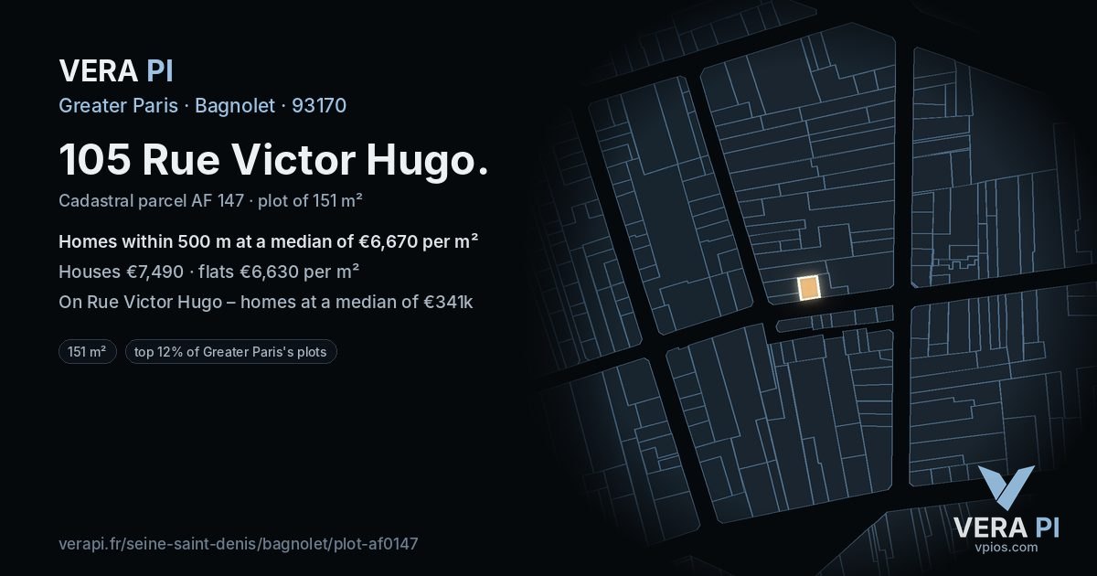 105 Rue Victor Hugo, Bagnolet at night – the plot lit, the parcels around coloured by the prices near them