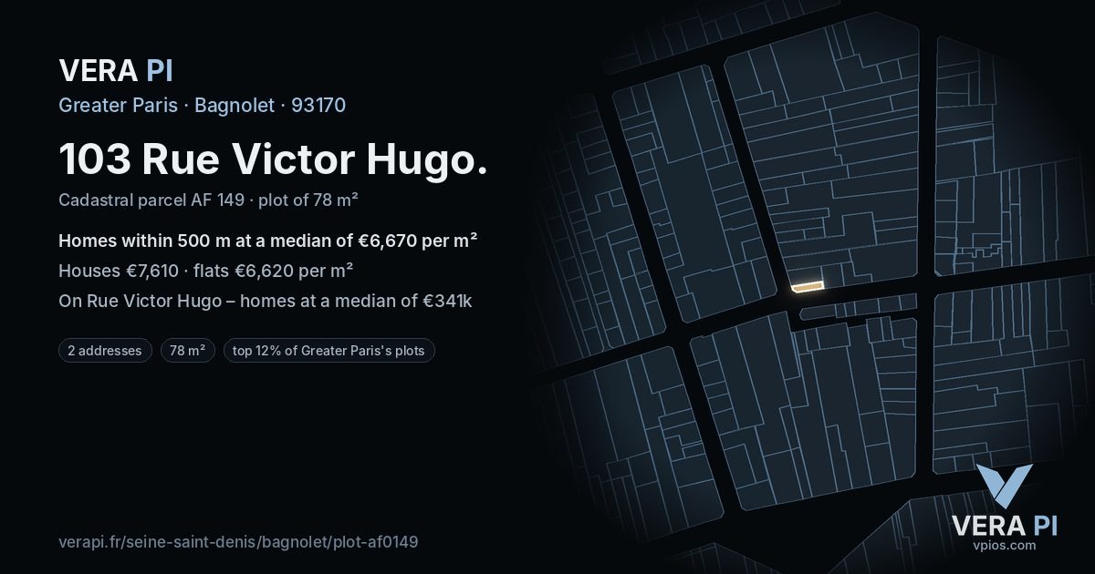 103 Rue Victor Hugo, Bagnolet at night – the plot lit, the parcels around coloured by the prices near them