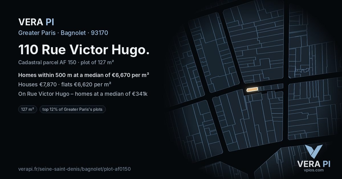 110 Rue Victor Hugo, Bagnolet at night – the plot lit, the parcels around coloured by the prices near them