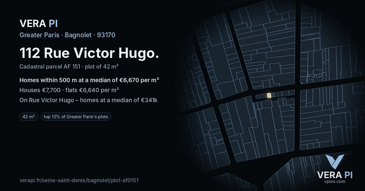 112 Rue Victor Hugo, Bagnolet at night – the plot lit, the parcels around coloured by the prices near them