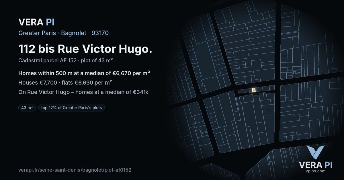 112 bis Rue Victor Hugo, Bagnolet at night – the plot lit, the parcels around coloured by the prices near them