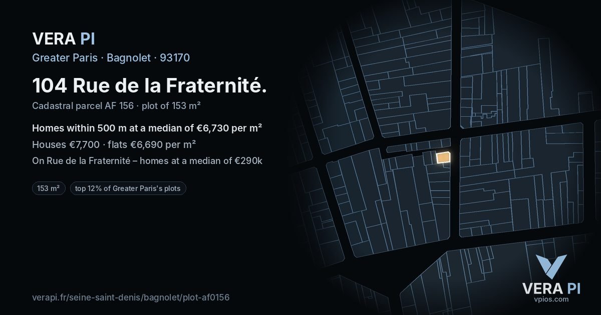 104 Rue de la Fraternité, Bagnolet at night – the plot lit, the parcels around coloured by the prices near them