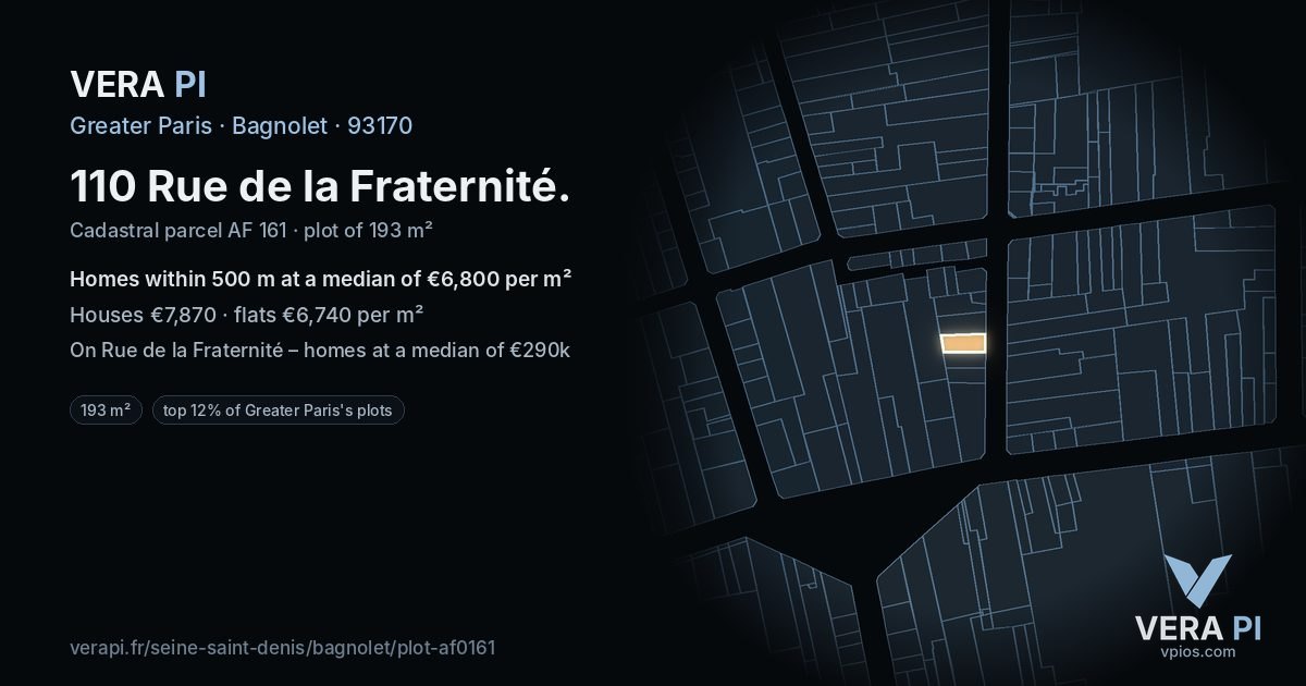 110 Rue de la Fraternité, Bagnolet at night – the plot lit, the parcels around coloured by the prices near them