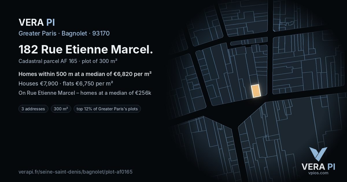 182 Rue Etienne Marcel, Bagnolet at night – the plot lit, the parcels around coloured by the prices near them