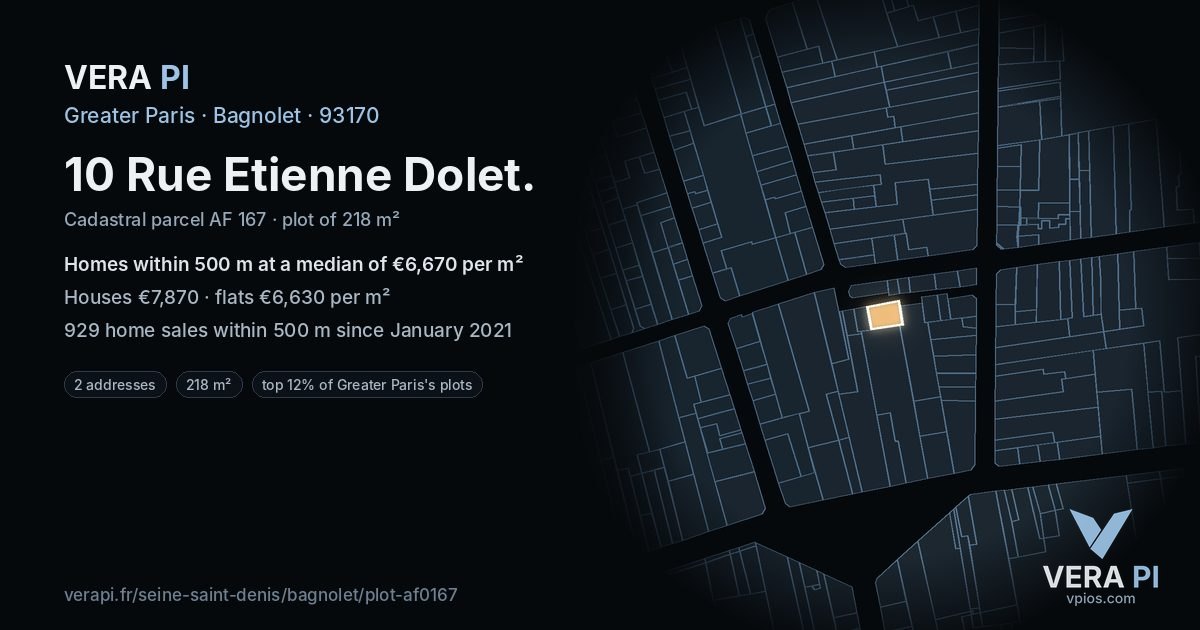 10 Rue Etienne Dolet, Bagnolet at night – the plot lit, the parcels around coloured by the prices near them